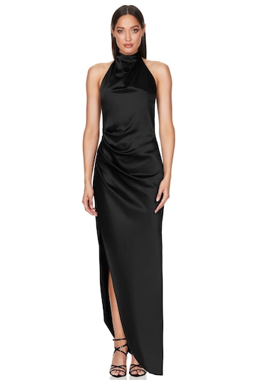 Hanife Glam Couture Hanife Glam Halter Yaka Asetat Saten Elbise Siyah