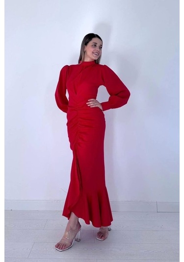 Kırmızı Volanlı Uzun Kol Elbise Kırmızı
