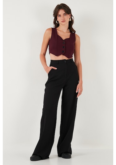 Lela Slim Fit Kalp Yaka Düğmeli Kalın Askılı Crop Bayan Yelek 5865497 Bordo