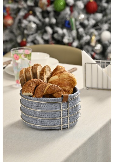 Silver Yuvarlak Ekmek Sepeti Şık,ekmeklik Açık Mavi Hasır Örmeli Makrome-çok Amaçlı Metal Paslanmaz Gümüş