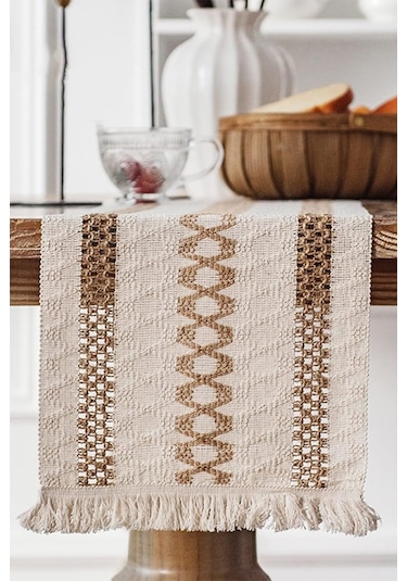 Pamuk Dantel Runner 35x145 Cm Masa Örtüsü Açık Kahve, Krem