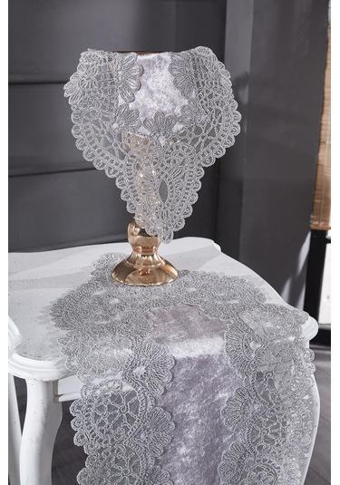 Fransız Güpürlü Kadife Luna Salon Takımı 5 Parça Gri Gri