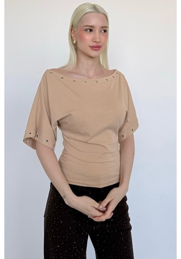 Madmext Taş Rengi Off Shoulder Metal Detaylı Kadın Bluz Mg2671 Taş Rengi