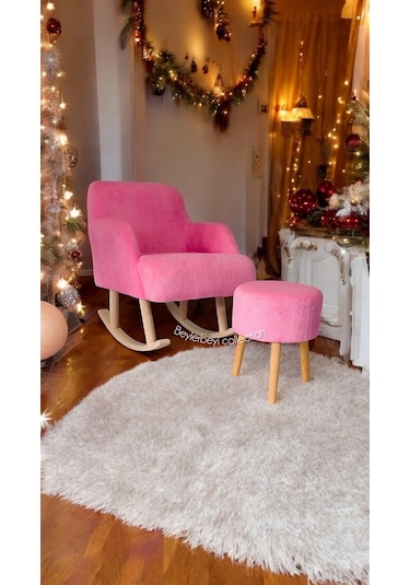 Sallanan Ahşap Ayaklı , Pembe. Rengi Berjer Koltuk - Puf Hediyeli Pembe