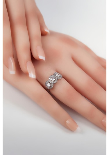 Rodyumlu 3 Sıra Zirkon Taşlı 925 Ayar Gümüş Bayan Yüzük -7967