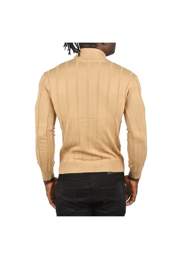 Deepsea Erkek Camel Slim Fit Likralı Tüylenme Yapmayan Yarım Balıkçı Çizgili Triko Yarım Boğazlı Kazak 2505503 Camel