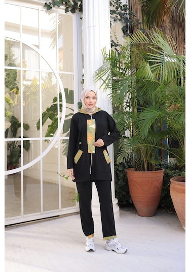 Tesettür Eşofman Takımı Fermuarlı Ikili Takım Kapüşonlu Siyah 475 Siyah