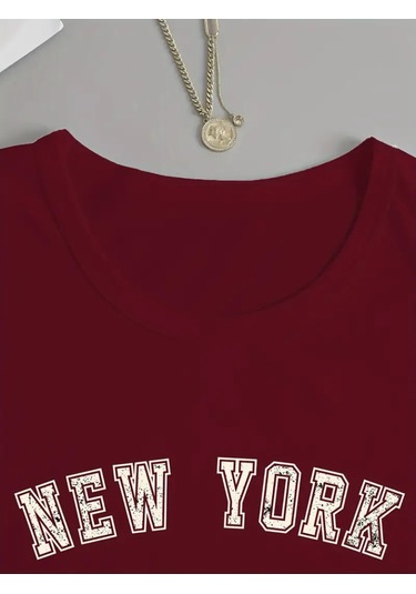 Kadın Uzun Kollu Bisiklet Yaka Yazı Baskılı Viskon Bluz Bordo