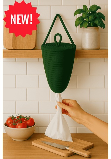 Poşetlik Halat İp El Dokuma Duvar Askılı Saklama Torbası Ev Düzenleme Aksesuarı Sepet 30 X 20 Cm Yeşil