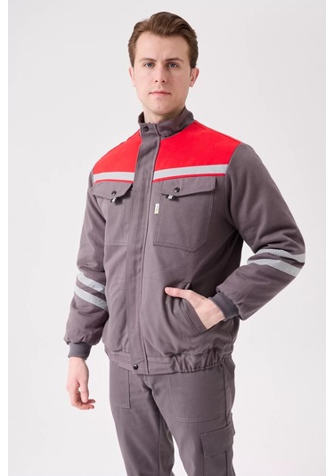 Kışlık İş Montu Grikırmızı Reflektörlü Gabardin Royal Mont İçi Kapitoneli Sıcak Tutan Gri-Kırmızı