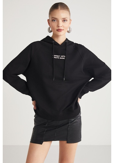 Ethıquet Glace Kadın Ön Ve Arka Baskı Detaylı Kapüşonlu Regular Fit Normal Kalıp Siyah Sweatshirt