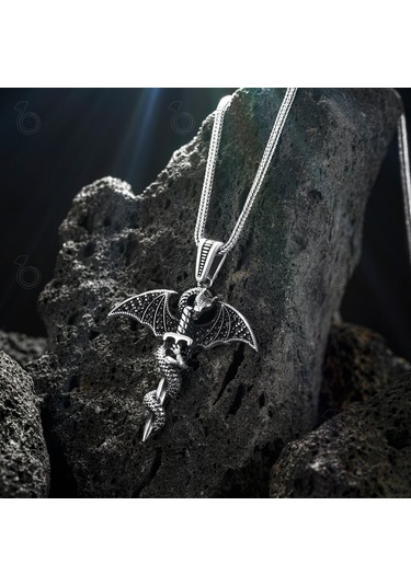 Gümüş Siyah Mikro Taşlı Kılıç Ve Ejderha Tasarım Erkek Kolye 552468532