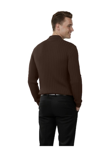Deepsea Erkek Kahve Polo Yaka Fitilli Triko Kazak %100 Pamuk, Esnek Dokulu, Modern Kalıp 2605305 Kahve