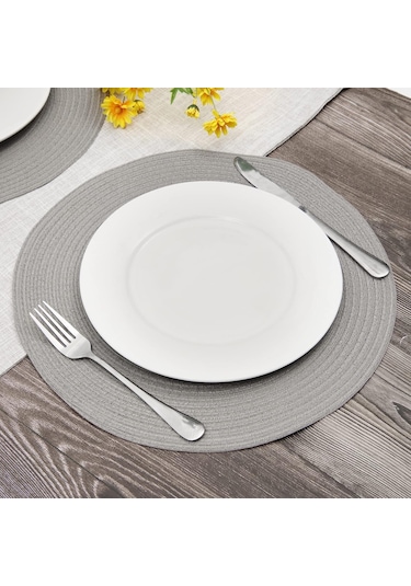 Gümüş 15 İnç Isıya Dayanıklı Yuvarlak Örgülü Servis Altlıkları Yıkanabilir Pamuk Polyester Dokuma Yuvarlak Masa Paspasları Gümüş