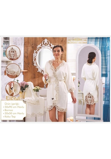 Elena Krem Kadın Fransız Dantelli Balayı Çeyizlik Bornoz Seti Krem