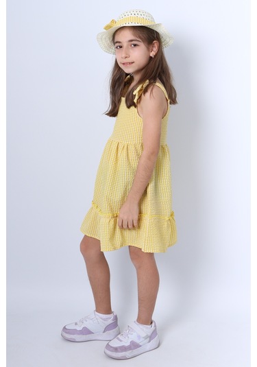 Kız Çocuk Şapkalı Elbise Kareli Fiyonklu B33 Sarı