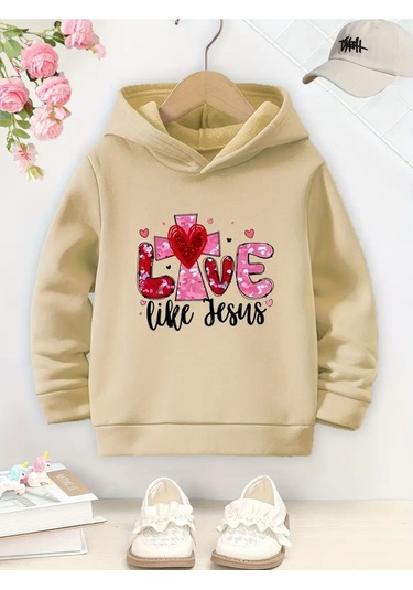 Kışlık Kapüşonlu Sweatshirt, Çocuk Love Like Jesus Baskılı Bej