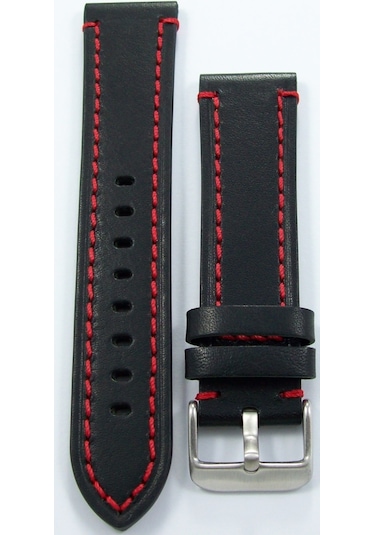 Upper Bizon Siyah Deri Saat Kordonu 22 MM Kırmızı Spor Dikişli Kayışı