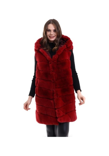 Kapşonlu Peluş Kürk Yelek Premium Kalite, Tam Astarlı, Uzun Model - Kırmızı Kırmızı