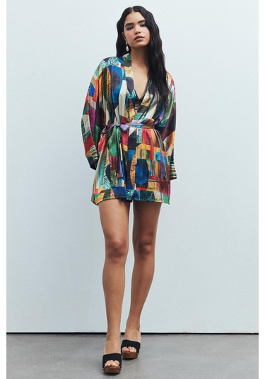Fumée Coloré Desenli Kısa Saten Sabahlık / Kimono Çok Renkli