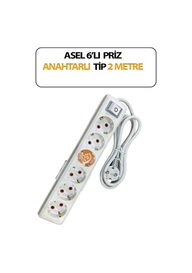 Altılı, Anahtarlı Model, Topraklı, Klemensli, Kablo 2 Metre Uzunluğunda, Askı Aparatlı Grup Priz 2