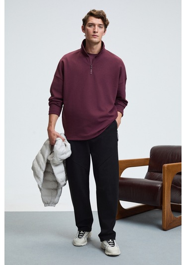 Grimelange EDISON Erkek Yarım Fermuarlı Kolu Baskılı Dik Yaka Bordo Sweatshirt