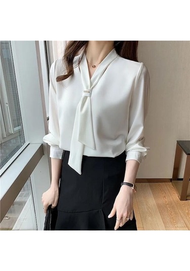 Novahub İlkbahar Ve Sonbahar Fiyonklu Profesyonel Beyaz Şifon Gömlek Kadın Bluz Mizaç V Yaka İçlik Yazlık Kıyafetler Beyaz - 2xl Beyaz