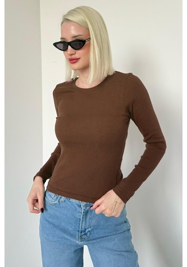 Madmext Kahverengi Bisiklet Yaka Slim Fit Kadın Body Mg2564 Kahverengi