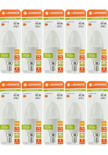 10 Adet Ledvance 4,9w Sarı Işık 2700k E14 Duylu İnce Duy Dim Edilebilir Led Ampul