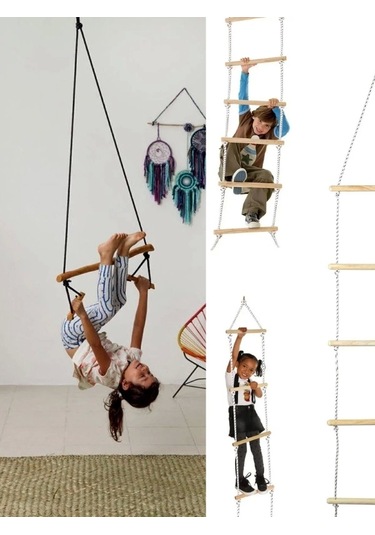 Çocuk Ahşap İp 6 Merdiven Ve Trapez Salıncak 2 Li Eğitici Settırmanma Kulesi & Trapez Jimlastik Salı