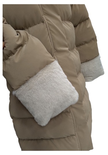 Kız Çocuk Kapüşonu Bilek Kısımları Kürklü Peluş Astarlı Midi Boy Vizon Renk Mont Vizon