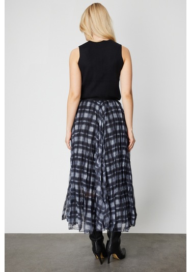 On Kadın Ekoseli Pileli Maxi Boy Etek 60214 Siyah Siyah