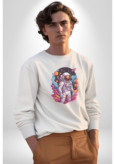 Ay Mars Astronot Unisex Beyaz Baskılı Sweatshirt Beyaz