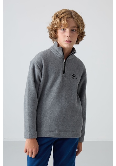 Tommy Life Gri Melanj Kalın Yumuşak Dokulu Standart Fit Nakışlı Polar Erkek Çocuk Sweatshirt - 11221 Gri Melanj