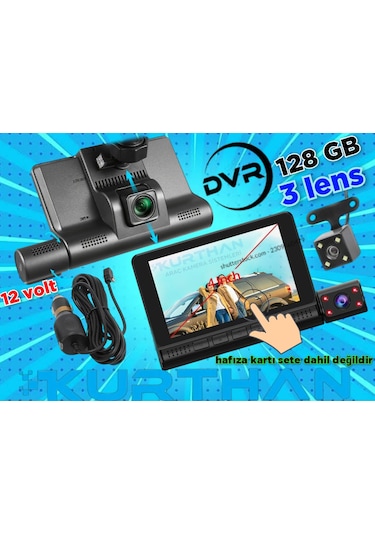 4inç Dokunmatik 3 Kameralı Araç İçi Dvr 128 Gb 12 Volt