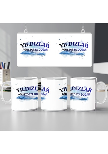 Yıldızlar Ağustosta Doğar Yazılı Doğum Günü Kupa Bardak Mavi Işıltılı Gökyüzü Tasarım Hediye Beyaz