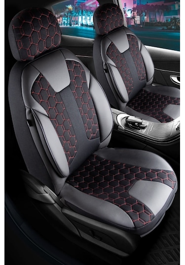 Kia Sportage Uyumlu Deri Detaylı Oto Koltuk Kılıfı Ön Arka Takım Cyrus Siyah Kırmızı