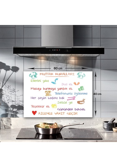Decorita Renkli Mutfak Kuralları  Cam Ocak Arkası Beyaz  40x60cm