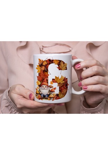 G Harf Sonbahar Yaprak Temalı Kupa Bardak - Sevimli Figürler İle Alfabe Harfli Bardak - Kişiye Özel Beyaz