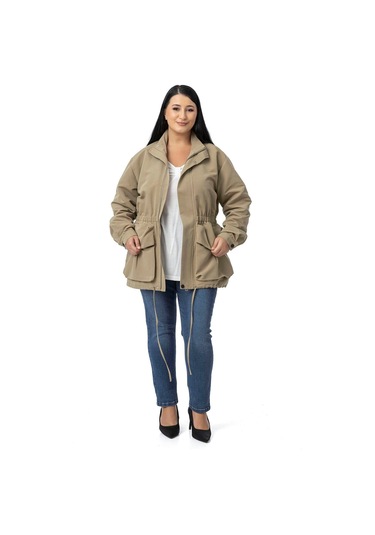 Büyük Beden Çıtçıt Ve Fermuar Kapamalı Beli Büzgülü Astarlı Çağla Yeşili Trençkot Çağla Yeşili
