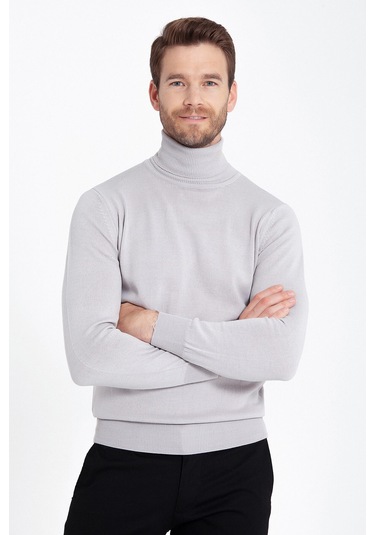 Hatemoğlu Açık Gri Balıkçı Yaka Triko Kazak Altın Açık Gri