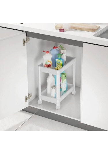 2 Katlı Tekerlekli Mutfak Tezgah Altı, Deterjanlık - Al4696 Beyaz