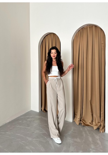 Taş Bel Bantı Detaylı Yan Fermuarlı Pantolon Taş