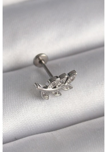 316l Çelik Gümüş Renk Dal Model Zirkon Taş Detaylı Tragus Pierci Çok Renkli