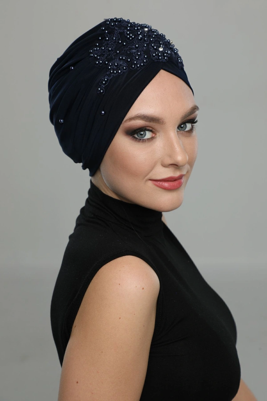 Kopma Astarlı Işlemeli Lacivert Dantel Motifli Hazır Türban Tesettür Abiye Bone Lacivert Dantel