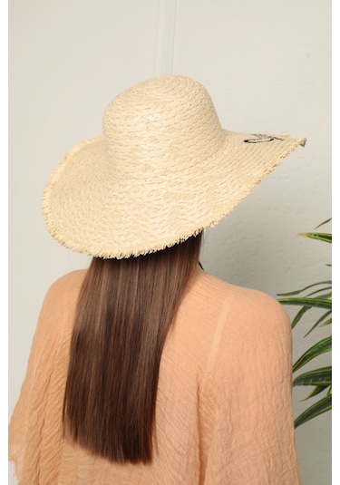 Bej Summer Vibes Yazılı Hasır Şapka Bej