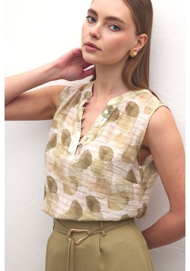 Sateen Kolsuz V Yaka Bluz - Haki-137193 haki
