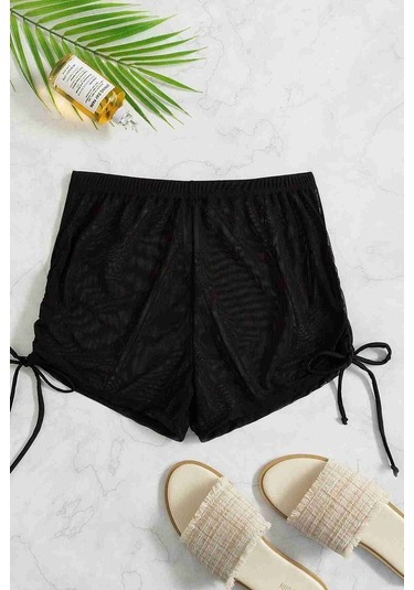 Tül Plaj Şortu Pareo Cover Up Kimono Siyah