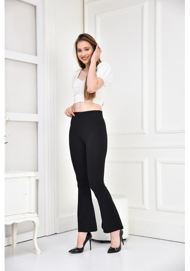Kadın Siyah İspanyol Paça Toparlayıcı Yüksek Bel Tayt Siyah