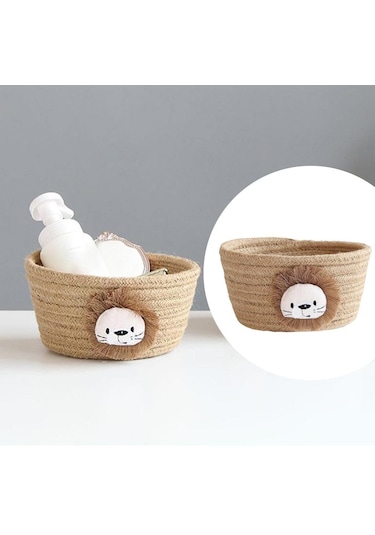 Magideal Suntek El Dokuması Pamuk İpliği Aslan Figürlü Saklama Sepeti Kahverengi - 16x9 CM